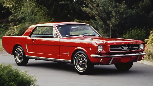 Classic red Ford Mustang coupe on quiet suburban street.