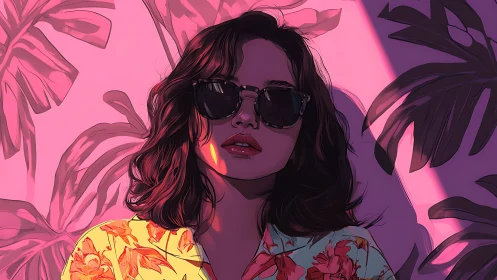 Woman in sunglasses against pink foliage backdrop illustration.