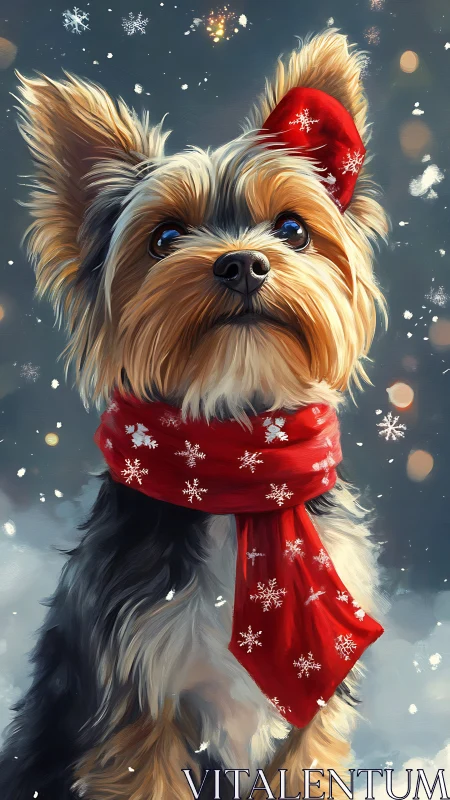 Festive yorkie pup wrapped in a cozy red winter scarf.