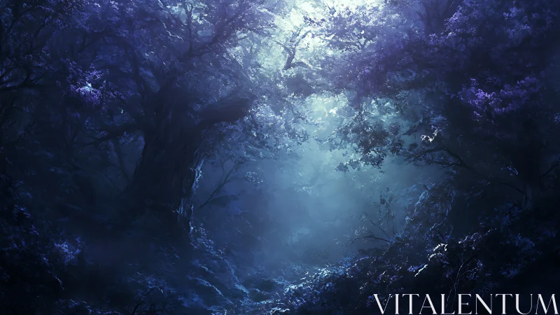 Moonlit Enchanted Forest Shrouded in Blue Mist.