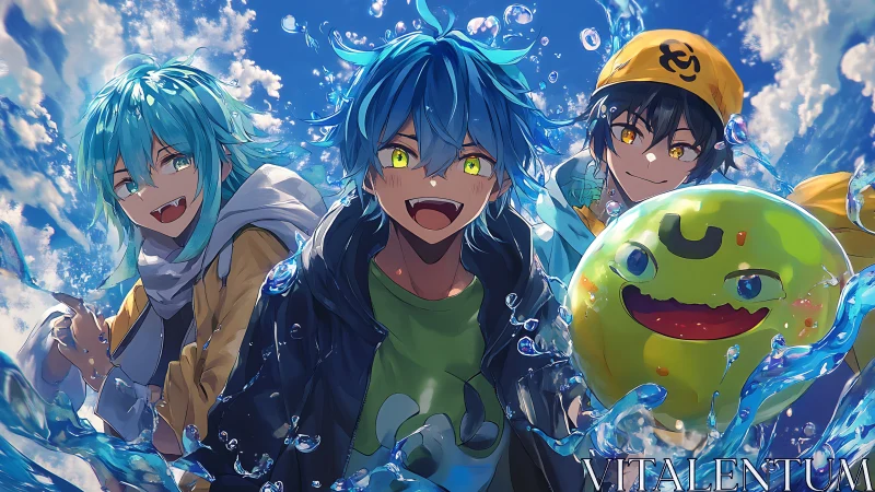 Hydrodynamic splash portrait of three neon-eyed anime youths.