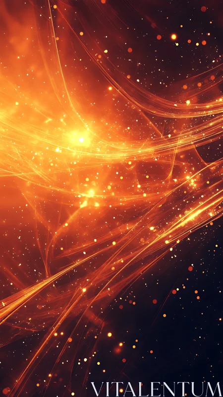 Luminous orange energy trails slice through deep space field.
