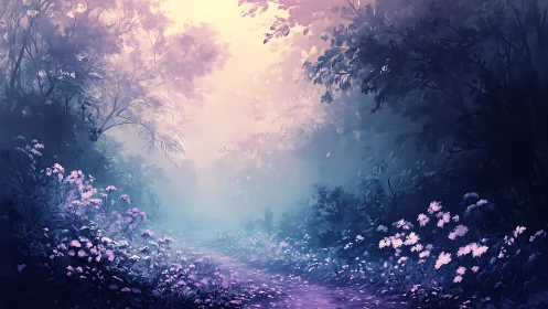 Mystical Forest Path with Blooming Pink Flowers.