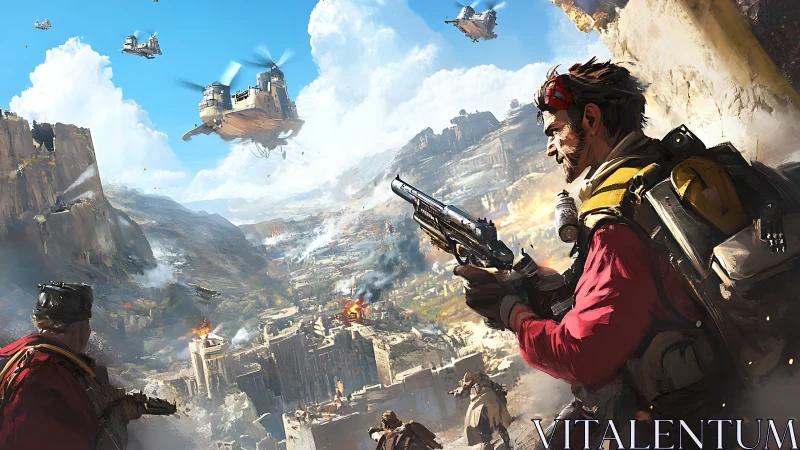 Futuristic desert battle with armed soldiers and dropships.