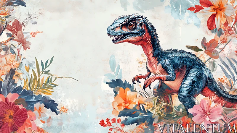 Blue jungle dinosaur stalks through vivid tropical blooms.