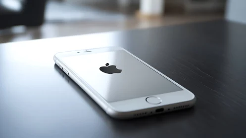 Sleek White iPhone Resting on a Dark Desk.