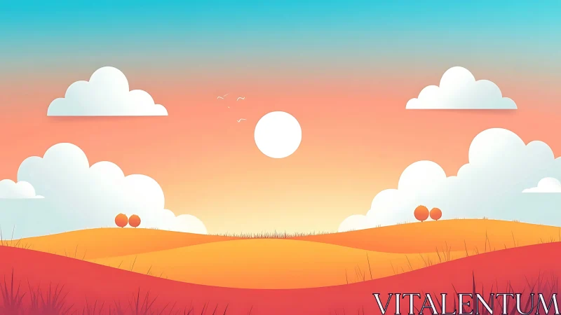 Minimal sunset landscape with rolling hills and stylized sun