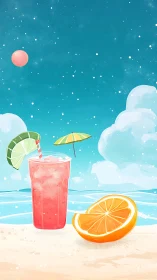 Summer Beach Cocktail with Citrus and Umbrella Against Tropical Sky