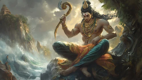 Seated figure with trident above turbulent coastal landscape