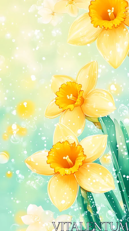 Yellow Daffodils with Golden Petals Against Soft Gradient Background.
