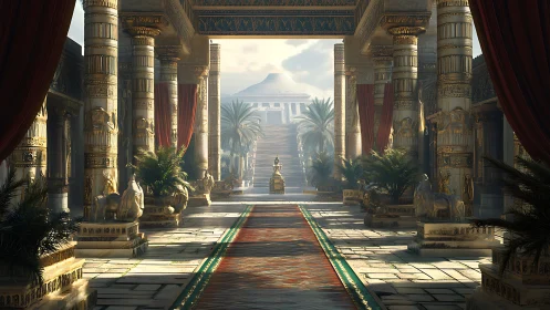 Sunlit imperial courtyard with gilded colonnades and throne.
