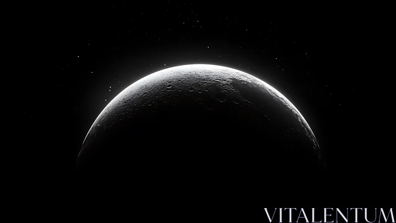 Crescent planet horizon in deep space with distant stars.