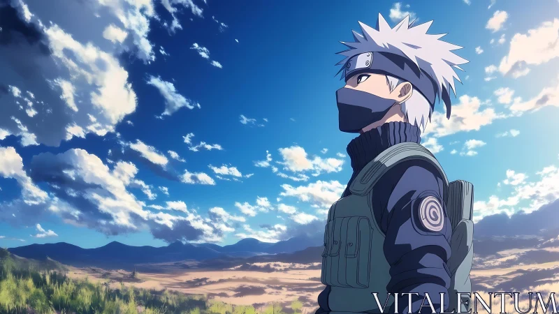 Masked wanderer beneath a wide, windbrushed anime sky.