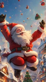 Joyful Santa leaping above snowy village at Christmas.