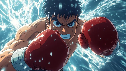 High-intensity boxing subject rendered in anime sport illustration with dynamic energy effects