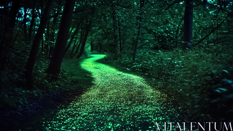 Curved forest trail illuminated by dense green bioluminescent particles