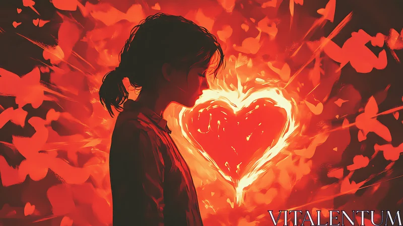 Figure with Glowing Heart and Floral Fire Background.