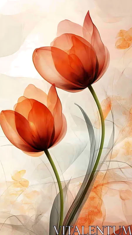 Red and orange tulips rendered with translucent layered petals in soft watercolor technique