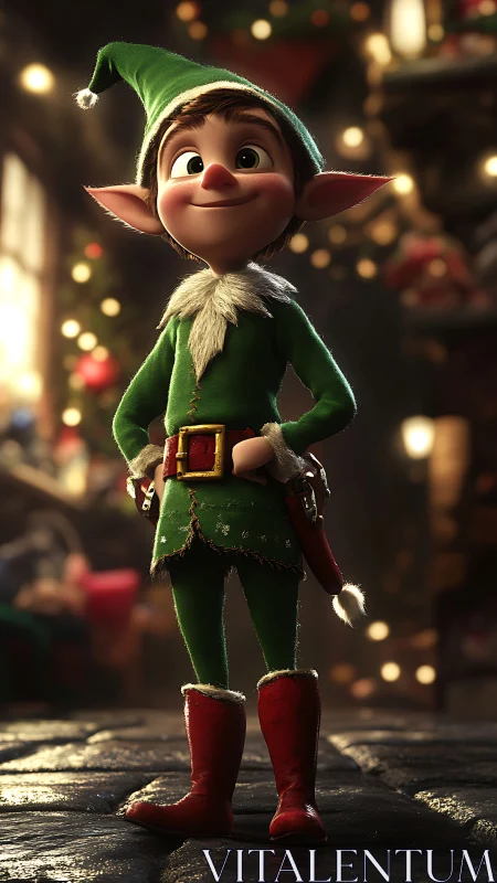 Festive elf character in warm bokeh-lit toy workshop scene.