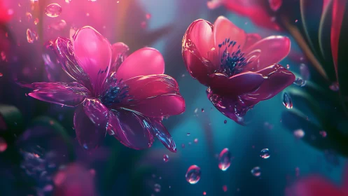 Three-dimensional rendering depicts synthetic flowers with liquid droplets