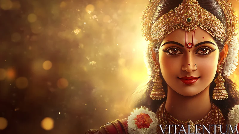 Divine Indian goddess portrait glows in radiant golden light