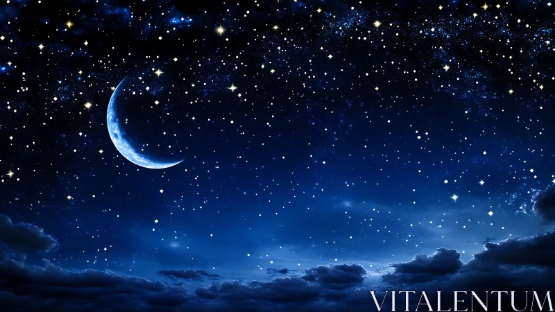 Gentle crescent moon glowing over a peaceful starlit sky.