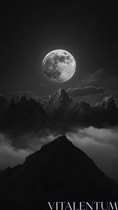 Full moon illuminates sharp mountain peaks above clouds