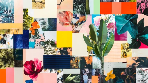 Layered botanical collage builds chromatic grid with mixed media