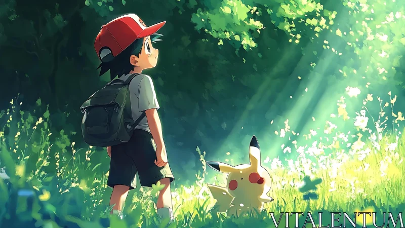 Anime boy and electric creature in sunlit forest clearing