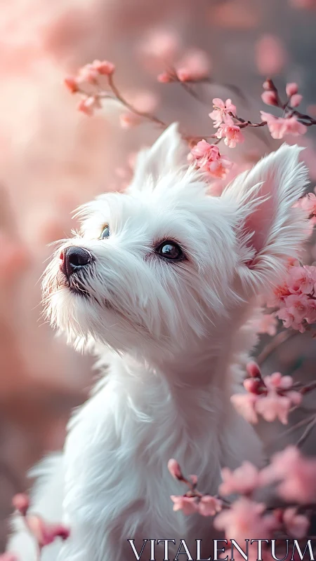 White terrier portrait amid dreamy pink cherry blossoms.