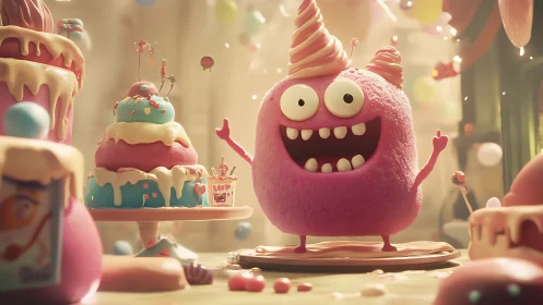 Frosting-frenzy cupcake monster hosting a sugary birthday rave.