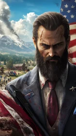 Bearded cult leader in bloodstained suit amid rural militia chaos