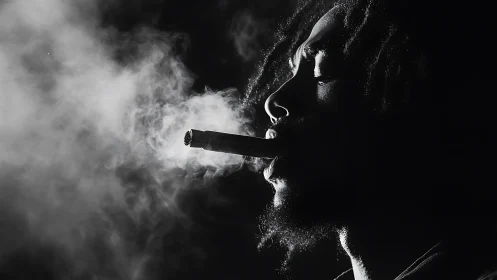 Silhouette smoker exhales dense cigar smoke in monochrome