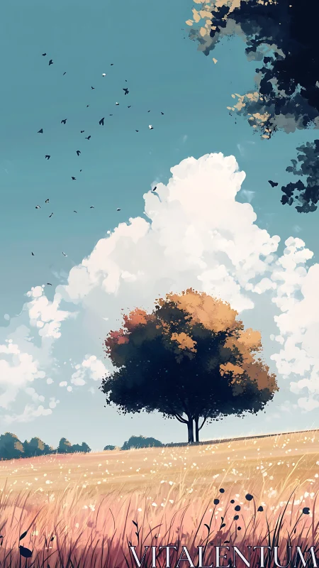 Solitary field tree stands beneath cumulonimbus cloud formation