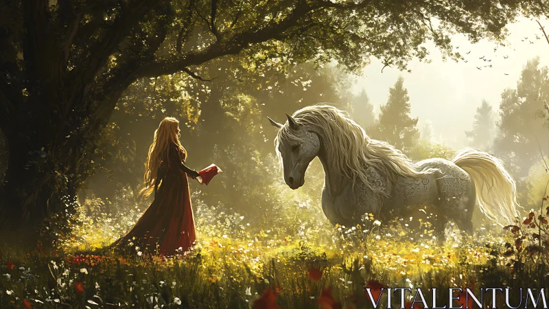 Golden hour forest encounter with engraved white fantasy horse