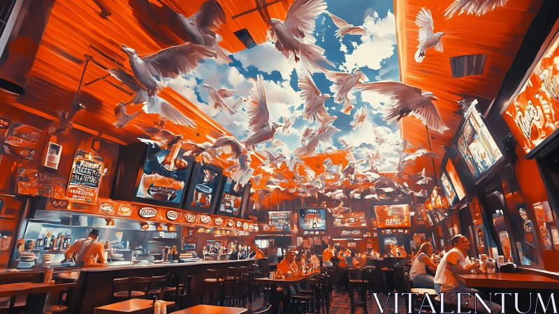 Bar interior erupts with soaring white doves overhead