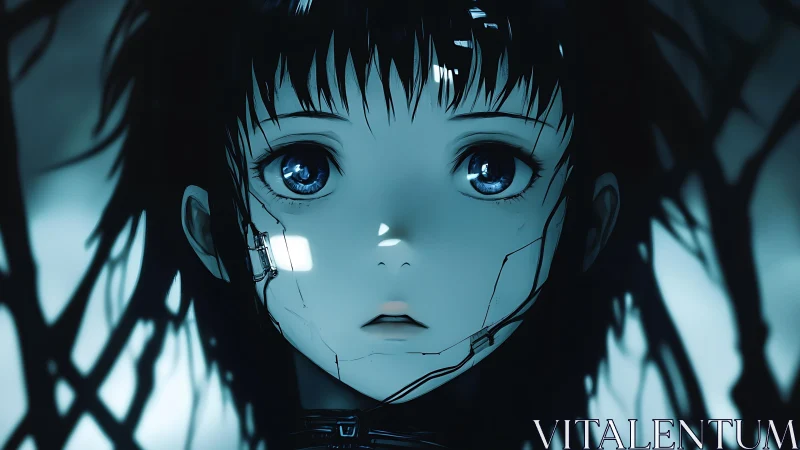 Close view shows blue-eyed cybernetic girl in dim lighting