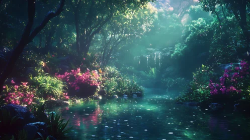 Luminescent forest landscape with magenta flora and reflective water body
