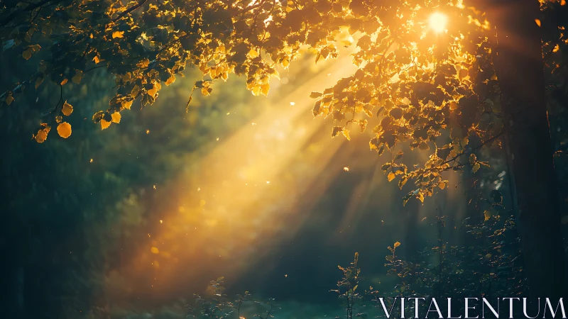 Golden morning sunlight pours gently through quiet forest leaves