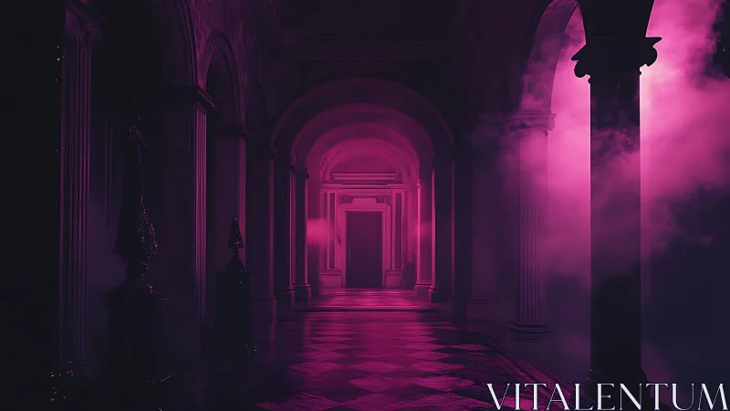 Long colonnaded corridor is illuminated by magenta fog