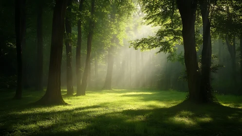 Serene sunlit forest glade with rays through lush green trees.