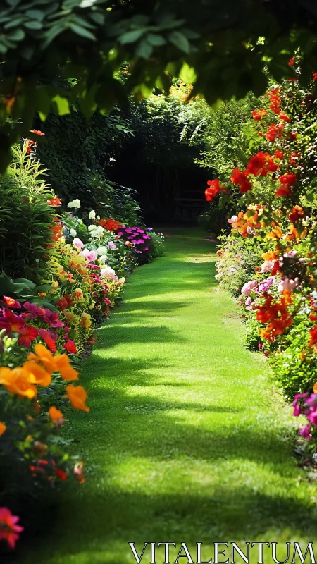 Narrow lawn pathway bordered by dense flowering plants.