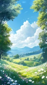 Sunlit meadow path winding toward distant blue hills.