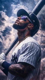 Tattooed baseball slugger gazes skyward in electric light
