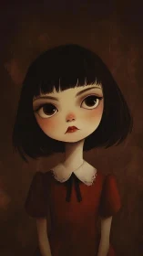 Melancholic doll-eyed girl stands in a warm shadowed glow