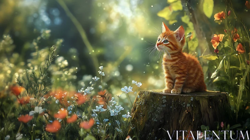 Orange kitten positioned on tree stump among wildflowers.