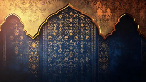 Gold and blue panel with pointed arches and ornamental pattern