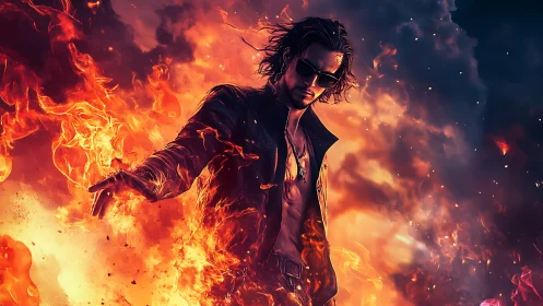 Male figure stands in dense flames with contrasted lighting