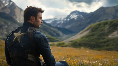 Armored hero seated in quiet alpine valley landscape.