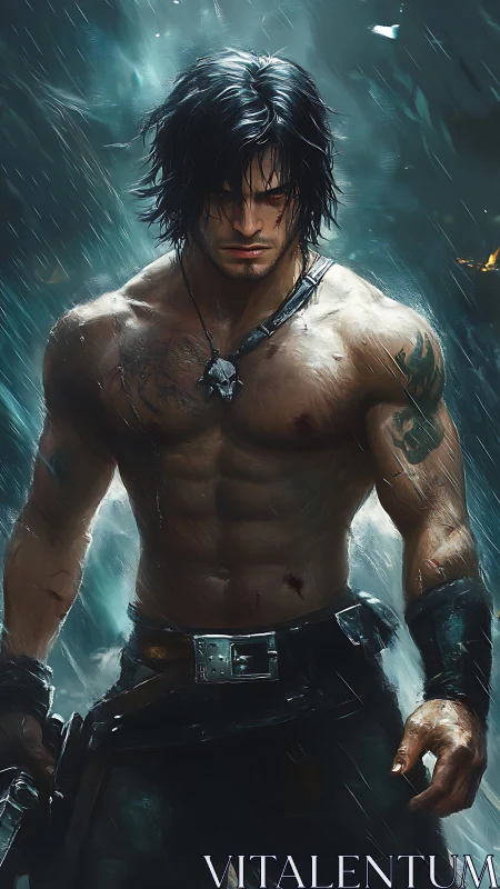 Brooding shirtless warrior stands in rain with wet muscles.
